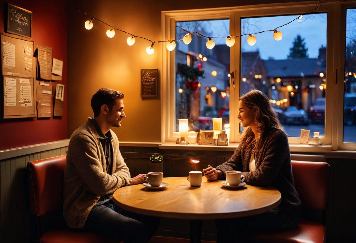 A warm and inviting scene featuring a cozy café with a couple sitting together, deeply engaged in conversation, surrounded by soft lighting and heart-shaped decorations. Include elements like a table with two steaming cups of coffee, a romantic atmosphere, and subtle touches of love notes scattered on the table. Emphasize emotions of connection and warmth. vibrant colors. cozy atmosphere.