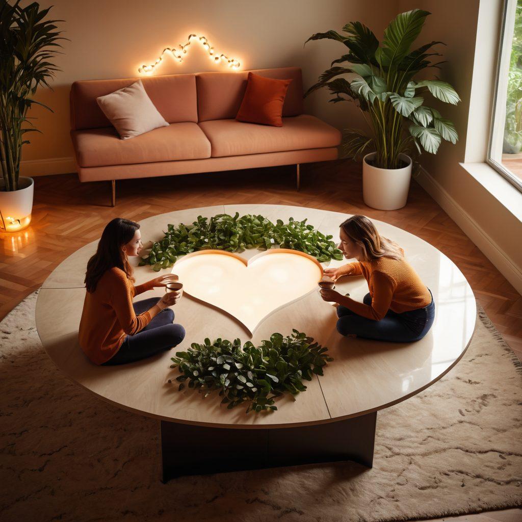 A warm, intimate scene of two people engaging in a deep conversation over a cozy coffee table, with heart-shaped elements subtly integrated into the background. Soft lighting enhances the emotionally charged atmosphere, while visual symbols of communication like speech bubbles and hearts float around them. The setting includes lush indoor plants and a feeling of personal connection. super-realistic. warm tones. soft focus.